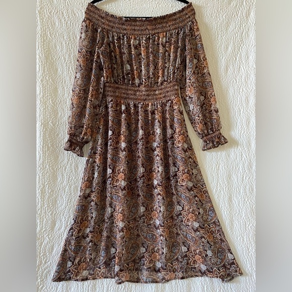 Forever 21 Contemporary Collection Off Shoulder Long Sleeve Sheer Floral Dress - Picture 1 of 7